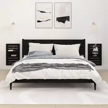 vidaXL Wand-Nachttische 2er-Set, Massivholz Kiefer, schwarz (824767)