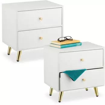 Relaxdays Nachttisch 2er Set, 2 Schubladen, weiß/gold, 41,5x40x32,5cm (10051177_303)