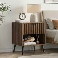 OKWISH Nachttisch MDF in Walnuss mit Metallbeinen, 45x40x53 cm, 1 Schublade,...