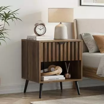 OKWISH Nachttisch MDF, Walnuss, 45x40x53cm, 1 Schublade, offenes Fach