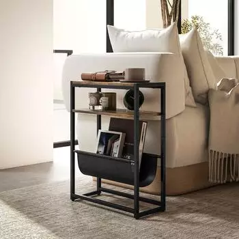 HomCom Beistelltisch mit 3-stufiger Ablage, V-f&ouml;rmiger Magazinhalter, rustikal-braun, 43x18x56cm (800001721437)