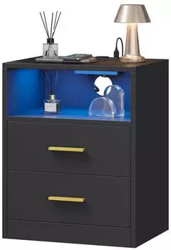 Vasagle Nachttisch mit Schubladen, Ladestation & LED, schwarz