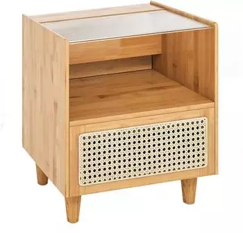 Costway Nachttisch aus Bambus mit Schublade & Glasplatte (TG32776ZM-3)