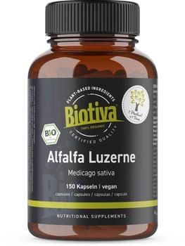 Biotiva Alfalfa Luzerne Bio - 150 Kapseln - Medicago sativa - vegan - Saat-Luzerne - Schneckenklee - Ewiger Klee - Abgefüllt und kontrolliert in Deutschland