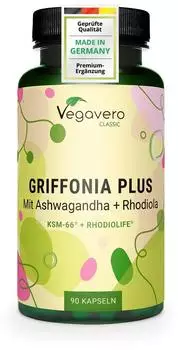 Vegavero 5-HTP Kapseln aus Griffonia Mit Ashwagandha KSM-66 und Rhodiola Rosea Rhodiolife Adaptogene Komplex Laborgeprüft Ohne Zusatzstoffe Deutsche Produktion