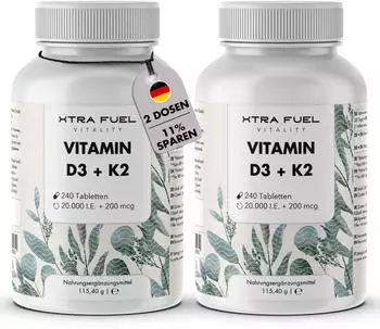 xtra fuel Vitamin D3 K2 20000 IE + Vitamin K2-MK7 99,7+% All-Trans 480 Tabletten hochdosiert & ohne Zus&auml;tze laborgepr&uuml;fte Qualit&auml;t optimale Bioverf&uuml;gbarkeit