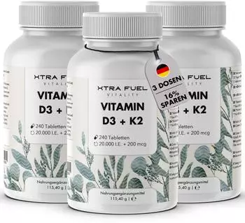 xtra fuel Vitamin D3 + K2 Tabletten - 20.000 I.e. 200mcg Mk-7 all-trans 345 g