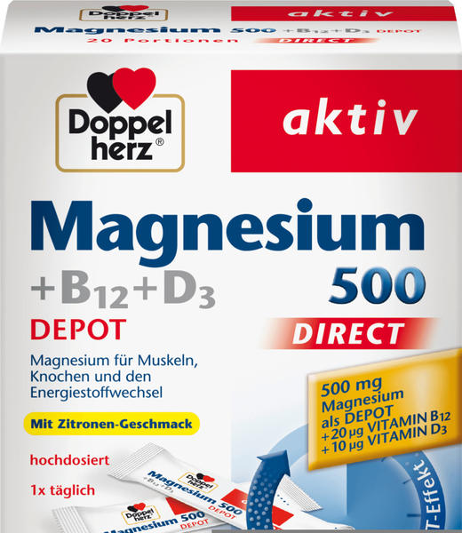 Doppelherz aktiv Magnesium 500 + B12 + D3 Direct Depot Direktgranulat (20 Stk.)