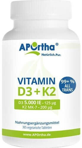 Aportha Vitamin D3 5.000 I.E. + Natto K2 200μg Tabletten (365 Stk.)