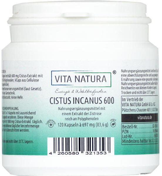 Vita Natura Cistus Incanus Extrakt 600 mg Vegi-Kapseln (120 Stk.)