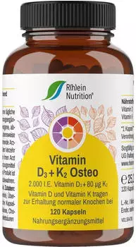 R(h)ein Nutrition Vitamin D3 + K2 Osteo mit 2.000 I.E. Vitamin D3 und 80&mu;g Vitamin K2 Kapseln (120 Stk.)