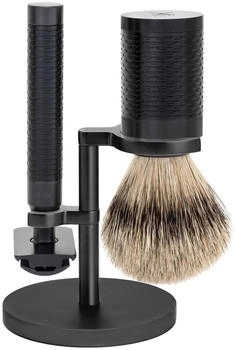 Mühle MÜHLE Rocca Rasierset - Silberspitz-Dachszupf Pinsel, Rasierhobel, Halter - mattschwarz Edelstahl mit DLC-Beschichtung