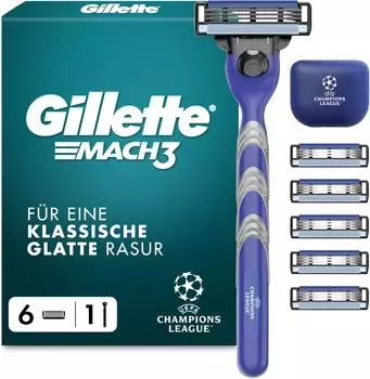 Gillette Mach3 Nassrasierer UEFA Champions League Edition, 6 Ersatzklingen, Reiseschutzkappe