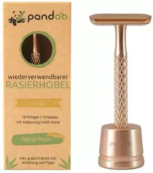 Pandoo Rasierhobel mit Halter, Metall, gold (Safety Nassrasierer)