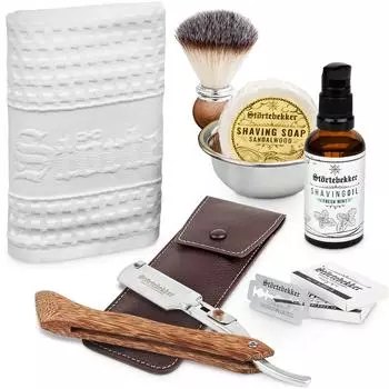Störtebekker Premium Rasurpflege Set Rasiermesser, Pinsel, Seife, Schale, Öl & Tuch (Holz - Café)