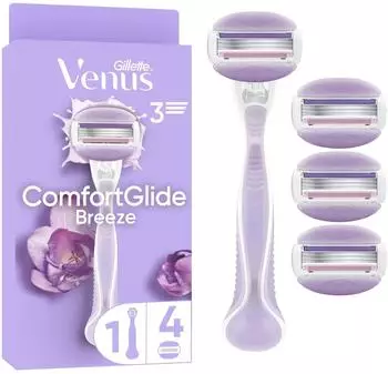 Gillette Venus ComfortGlide Breeze Nassrasierer, 3 Klingen, lila/wei&szlig;, 4 Ersatzklingen