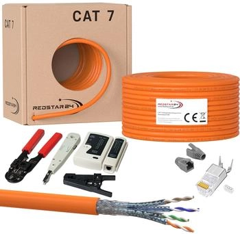 RedStar24 CAT 7 Verlegekabel S/FTP 50m schwarz + Werkzeug Set