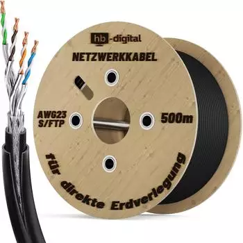 HB-Digital 500m CAT 7 Doppelmantel Erdverlegekabel S/FTP PVC + LLDPE AWG23 für Außenbereich
