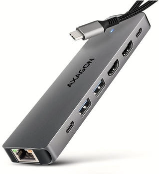 Axagon HMC-7HX2 USB-Hub 2x USB-A 1x USB-C 2x HDMI 2.0 1x RJ45 100 W PD silber
