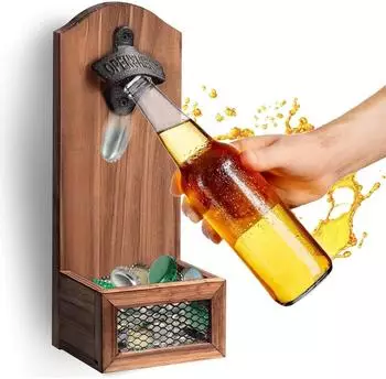 LuxusKollektion Wand-Flaschen&ouml;ffner Holz, Vintage, mit Kronkorkensammler