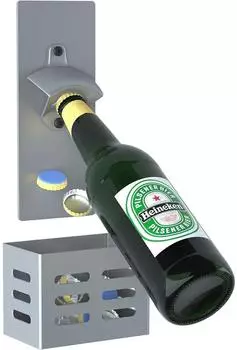 LuxusKollektion Wand-Flaschen&ouml;ffner magnetisch mit Auffangbeh&auml;lter, Kohlenstoffstahl, grau