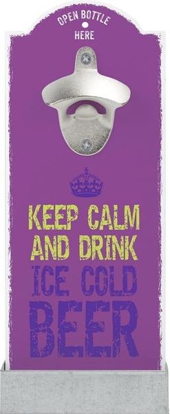 Contento Wandflaschenöffner Keep Calm AND Drink ICE Cold Beer lila