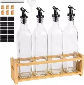 Relaxdays &Ouml;l- & Essigspender Glasflasche mit Bambusregal, 4er-Set (500ml)