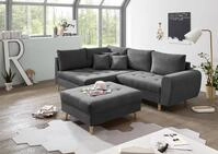 ALICE Ecksofa mit Hocker, Stoffbezug Anthrazit - Moderne Eckcouch mit Kissen &