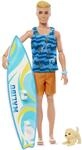 Barbie Ken Surfer Set - Bewegliche Blonde Ken-Puppe mit Surfbrett, H&uuml;ndchen und
