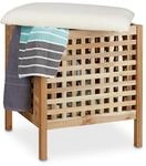 Relaxdays Badhocker Walnuss mit W&auml;schesammler, HBT:52x49x49cm, Natur/wei&szlig; 