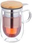 Relaxdays Teeglas, mit Edelstahl-Sieb, Bambusdeckel, Henkel, Volumen 430 ml,