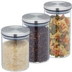Relaxdays Vorratsgl&auml;ser mit Edelstahldeckel, 3er Set, Vorratsdosen aus Glas, 3