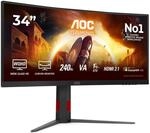 AOC CU34G4Z 34 Zoll Curved, UW-QHD USB Hub Gaming Monitor, 240Hz, Fast VA...