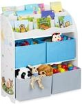 Relaxdays Kinderregal, 4 Boxen, Lagerfeuer Motiv, Spielzeug Aufbewahrung,