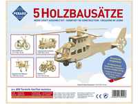 Pebaro 850 Holzbausatz Technik-Set, 5 Stück 3D Puzzles: Fahrrad, Lokomotive,