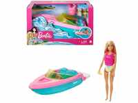 Barbie Speedboat Set, Barbiepuppe mit blonden Haaren, rosa Schwimmweste, Boot,...