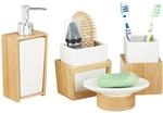 Relaxdays Badezimmer Set, 4-teiliges Badzubeh&ouml;r aus Keramik und Bambus,