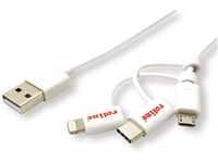 ROLINE USB 2.0 Sync- & Ladekabel Typ A - Typ C / 8-Pin/USB MicroB, weiß, 1 m
