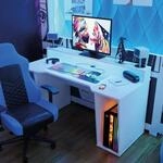 Forte TEZAUR Computertisch Gaming Desk mit LED Beleuchtung, Holzwerkstoff, Wei&szlig;, B x