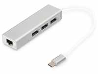 DIGITUS USB 3.0 Typ C 3-Port Hub mit Gigabit Ethernet Adapter, 3x USB A, 1x...