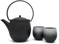 schwarze gusseiserne Asia Teekanne 1.2 Liter inkl. 2 Porzellan Teebecher - zur