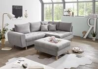 ALICE Ecksofa mit Hocker, Stoffbezug Hellgrau - Moderne Eckcouch mit Kissen &