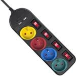 Maclean-Verl&auml;ngerungskabel, 4 Steckdosen + 2xUSB mit Schaltern, 250VAC/10A, 2.1A,