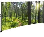Seitenmarkise ausziehbar links, 160 cm hoch, Seitenrollo mit Fotodruck, Wald