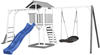 Spielturm mit Rutsche, Holzgestell mit Nestschaukel länglich/Klettergerüst blau