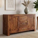 Massivholz Sideboard 120cm Sheesham Kommode mit 2 T&uuml;ren & 3 Schubladen Modernes