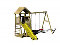 Wendi Toys Holz-Spielturm 'Pinguin' natur Rutsche, Kletterwand, 2 Schaukeln und