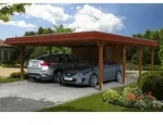 Skan Holz Walmdach Carport Breite 630cm inkl. Abstellraum nussbaum rote Blende