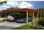 Skan Holz Walmdach Carport 630cm inkl. Abstellraum eiche rote Blende Holzcarport
