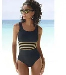 Badeanzug LASCANA "Elodie", Damen, Gr. 52, Cup E, gold (schwarz, goldfarben),
